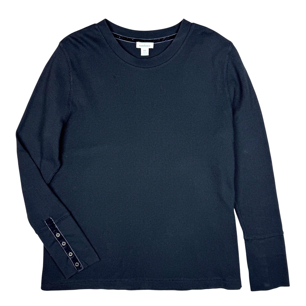 Sundance Waffle Knit Button Cuff Top Women XXL Black Thermal Crewneck Minimalist